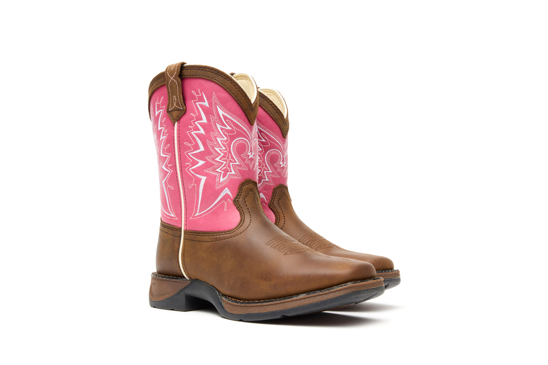 DURANGO KIDS LIL' REBEL BIG KID'S' 8" SQUARE TOE WESTERN BOOT BROWN / PINK